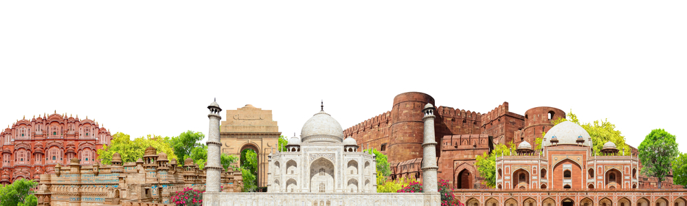 Panoramic montage of famous Indian monuments including the Taj Mahal, Hawa Mahal, Red Fort, and India Gate, featuring Trip Aero branding.